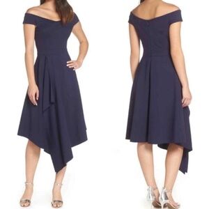 Harlyn Navy Blue Asymmetrical Sleeveless Off-Shoulder Crepe Sheath Dress sz XL